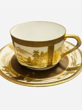 Antique Old Noritake Gold-Embossed Landscape Cup & Saucer